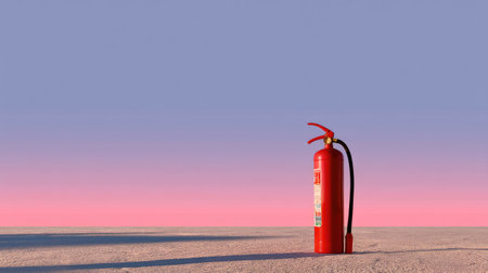 A vibrant red fire extinguisher stands alone on a serene desert landscape, contrasting beautifully with the pastel sky at sunset, evoking feelings of safety and isolation.の素材