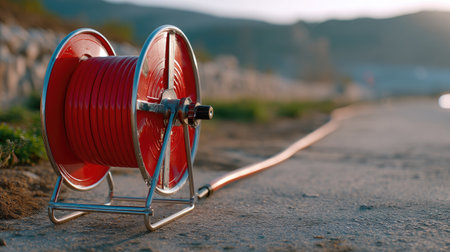 A striking red cable reel rests on the ground, capturing warm golden hour light. The surrounding natural landscape features greenery and a soft water backdrop, ideal for technology or outdoor themes.の素材