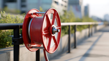A vibrant red hose reel mounted securely on a railing, set against an urban backdrop with soft-focus buildings, showcasing utility and design.の素材
