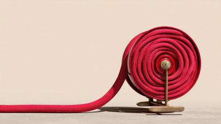 A vibrant red garden hose coiled on a stand, showcasing a blend of functionality and aesthetic appeal. Ideal for home and garden applications.の素材