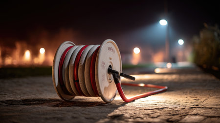 A close-up of a hose reel resting on a pathway at night, illuminated by soft outdoor lights, creating a serene atmosphere with a bokeh background.の素材