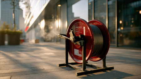 This image features a red fire hose reel with a black hose, positioned outdoors in an urban environment, showcasing modern architecture and safety readiness.の素材