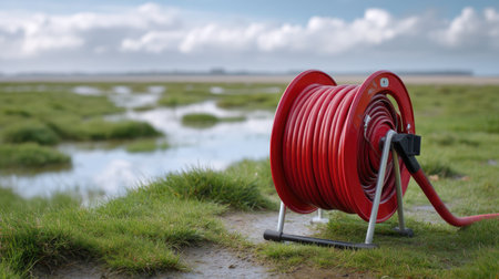 A striking red hose reel sits elegantly on lush greenery, framed by serene water and a dynamic sky, capturing the essence of outdoor simplicity and functionality.の素材
