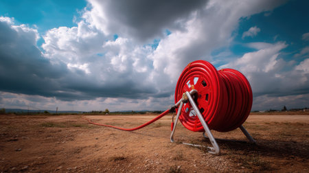 A vibrant red hose reel sits on dry ground under a dramatic sky, showcasing a contrast between color and textures in a landscape setting. The scene captures a moment of tranquility and simplicity in nature.の素材