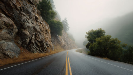 A tranquil winding road meanders through misty mountains, surrounded by lush greenery and rocky cliffs, creating a serene escape for travelers.の素材