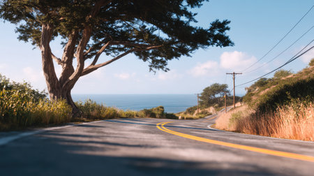 Captivating view of a winding coastal road with vibrant greenery and the tranquil ocean in the background, perfect for travel and nature themes.の素材