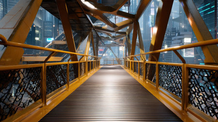 A stunning view of a futuristic walkway stretching through a vibrant neon cityscape at night, showcasing modern architecture and high-tech ambiance.の素材