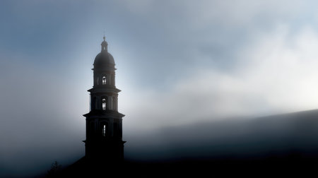 A captivating silhouette of a historic bell tower emerges from swirling fog, creating a serene and ethereal atmosphere in the early morning light.の素材