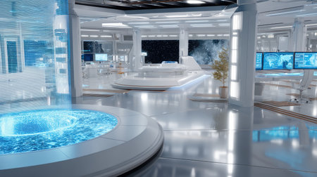 This image showcases a futuristic laboratory filled with advanced technology and sleek design elements, creating a high-tech atmosphere with glowing features.の素材