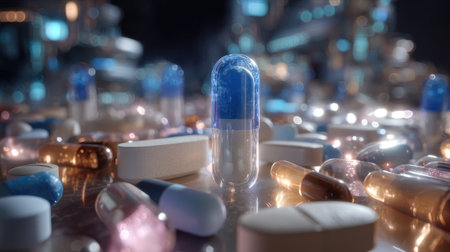 A stunning close-up image showcases an array of colorful pharmaceutical capsules and tablets, illuminated against a modern pharmacy backdrop, highlighting health and wellness.の素材