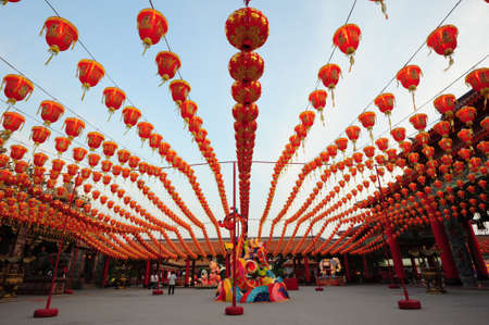 illuminated chinese lanterns hanging in street for new year celebratingのeditorial素材