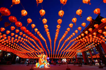 illuminated chinese lanterns hanging in chiness temple for new year celebratingのeditorial素材