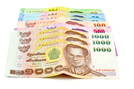 stack of Thai money on white backgroundの写真素材