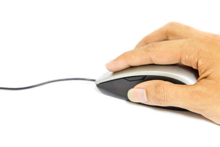 Hand with mouse on white background. Shallow depth of field. Selective focus.の写真素材