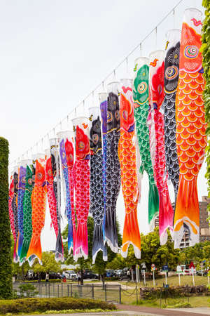 Japanese koinobori flags for Children's day on blue sky backgroundのeditorial素材