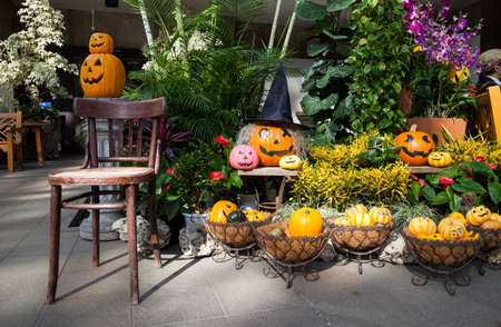 Halloween pumpkin head jack lantern.,Halloween still life with pumpkins.の写真素材
