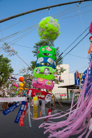 Aichi, JAPAN - August 6, 2016:Traditional japanese paper decoration on bamboo poles. Tanabata festival at Anjo Tanabata Festival celebrations in Aichi, Japan on August 6th 2016.のeditorial素材