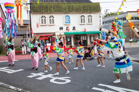 Aichi, JAPAN - August 6, 2016: Anjo Tanabata festival., Japanese girls in colorful kimono dance at Anjo Tanabata Festival celebrations in Aichi on August 6th 2016.のeditorial素材