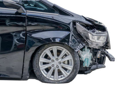 Black van damaged in front ,Front wheel and right front wheel are heavily damaged. ,Isolated on white background. Saved with clipping pathの写真素材