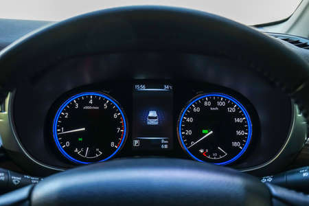 Speedometer and steering wheel,Mileage,Closeup dashboard of mileage car , Modern light car and New display of modern car.の写真素材