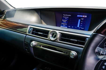 Luxury car interior. Steering wheel, shift lever and dashboard.the inside of the car.5の写真素材