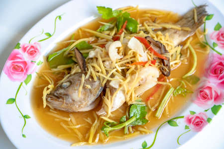 Steamed grouper pickled plums , Steamed snapper with soy sauce , Fish Steamed Plumの写真素材