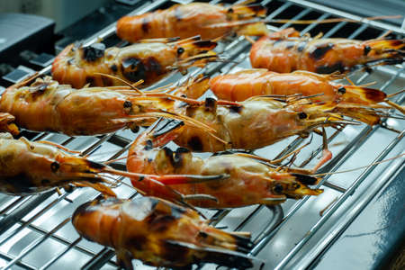Grilled shrimps on the electric grill ,Grilled prawns on the grillの写真素材