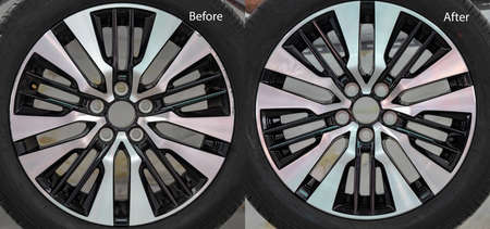 Repairing alloy wheels with metal shadows, before repairing and after repairingの写真素材