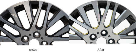 Repairing alloy wheels with metal shadows, before repairing and after repairingの写真素材