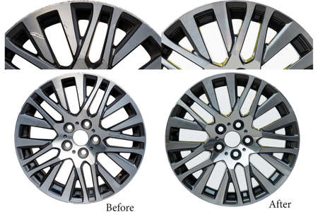 Repairing alloy wheels with metal shadows, before repairing and after repairingの写真素材