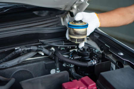 Auto mechanic repair  is changing diesel filters, at 20000km distanceの写真素材