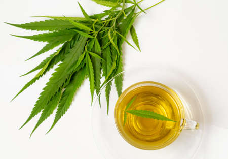 Tea made from cannabis leaves ,A glass of hot marijuana tea on the white background.の写真素材