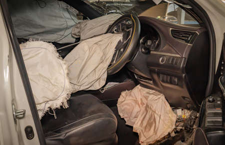 Airbags safety , Airbag exploded at a car accident. Car after an accident.の写真素材