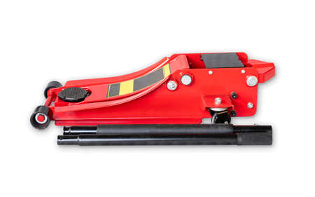 Red hydraulic  floor jack isolated on white backgroundの写真素材