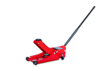 Red hydraulic  floor jack isolated on white backgroundの写真素材