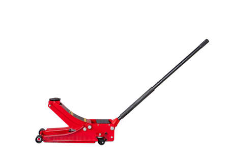 Red hydraulic  floor jack isolated on white backgroundの写真素材