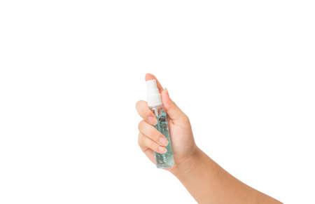 Asian girl , Cleaning hands by liquid alcohol, to prevent germs on a white background ,Washing hand with Alcohol Sanitizer ,clipping pathの写真素材