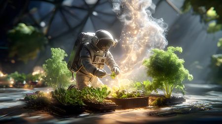 An astronaut carefully nurtures plants in a unique garden environment, showcasing advanced cultivation techniques in a space setting. A blend of science and nature.の素材