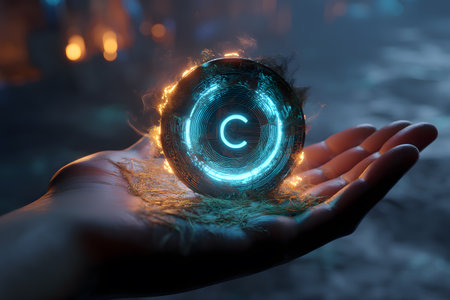 A futuristic hand supports a glowing digital coin, surrounded by energy elements, highlighting innovation and technology in a captivating atmosphere.の素材