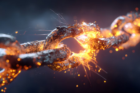 A visually striking image of chains breaking apart, emitting vibrant sparks and glowing embers, symbolizing strength and destruction in an intense, fiery setting.の素材