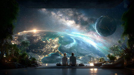 A loving couple enjoys a mesmerizing view of Earth from a stylish futuristic lounge, surrounded by lush greenery and stars, evoking feelings of romance and serenity.の素材