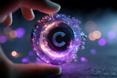 A captivating image of a hand gripping a glowing circular object, featuring vibrant digital effects and lights, evoking themes of technology and innovation.の素材