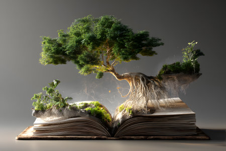 An open book emerges into a surreal scene with a vibrant tree growing from its pages, symbolizing growth and imagination in a unique artistic expression.の素材