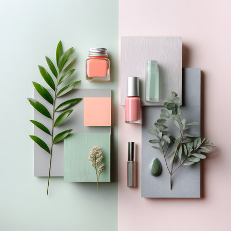Discover an elegant flat lay of cosmetic products paired with natural elements, featuring pastel tones and green leaves for a fresh and modern aesthetic.の素材