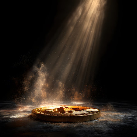 A stunning representation of a bitcoin coin illuminated by a beam of light against a dark background. This image captures the essence of cryptocurrency and financial technology.の素材