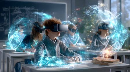 A modern classroom filled with students wearing virtual reality headsets, experiencing interactive learning through technology and innovation.の素材