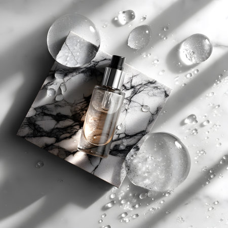 This captivating image showcases an elegant glass bottle placed on a stylish marble surface. The water droplets add a refreshing touch, enhancing the overall minimalist beauty aesthetic.の素材