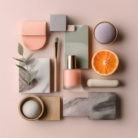 Discover a visually stunning arrangement of beauty and lifestyle items, featuring pastel colors, an orange slice, and elegant textures, ideal for aesthetics.の素材
