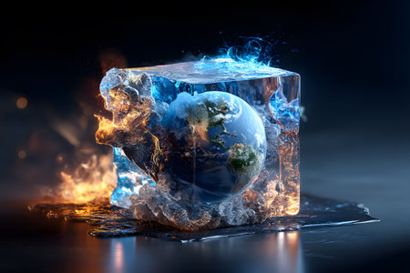 A stunning visual of the Earth encapsulated in a melting ice cube, representing the interplay of fire and water. This artwork symbolizes climate change and environmental challenges.の素材