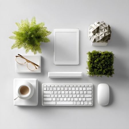 A minimalist workspace featuring a tablet, coffee mug, and stylish plants, creating an inviting and modern environment. Perfect for promoting organization and productivity.の素材
